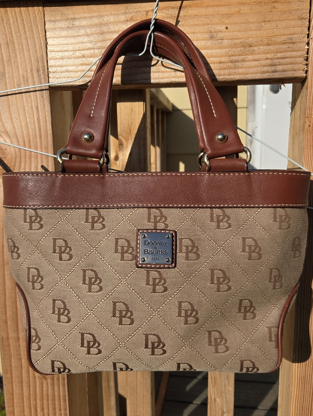 Dooney & Bourke DB Monogram Mini East West Tote Brown Leather Trim Satchel